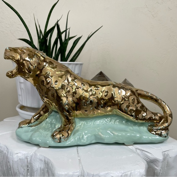 Vintage Other - Vintage MCM 24K Weeping Gold & Aqua Tiger Big Cat Planter Cameron Clay Products